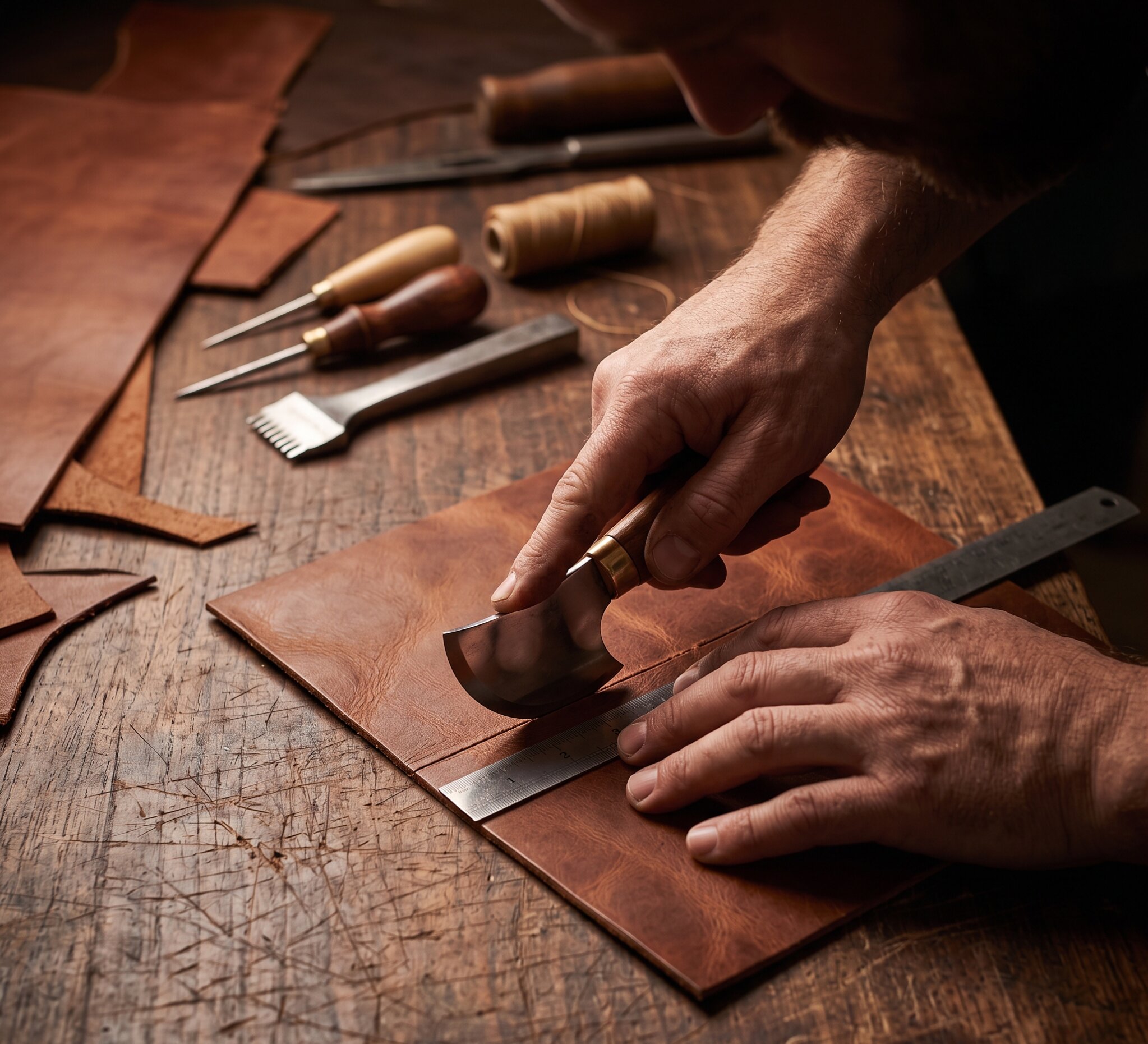 Artisan hands crafting leather